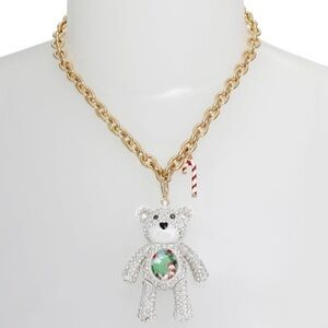 BETSEY JOHNSON Christmas Teddy Bear Clear Inlay Crystal Necklace Belly Charm NWT